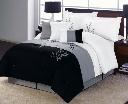 Alyssa Comforter Set Black, White, Gray Vine QUEEN Bed In A Bag with accent pillows