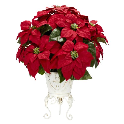 Nearly Natural 1267 Poinsettia with Metal Planter Silk Flower Arrangement, Red