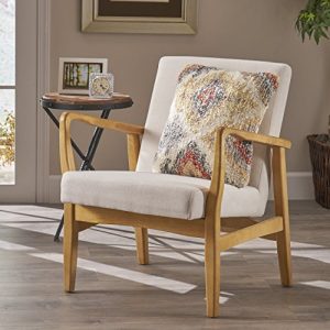 Christopher Knight Home 304656 Isaac Mid Century Modern Fabric Arm Chair in Ivory, Walnut