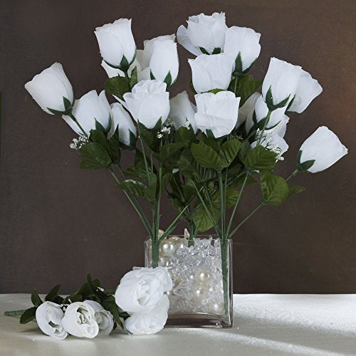 BalsaCircle 84 White Silk Rose Buds - 12 Bushes - Artificial Flowers Wedding Party Centerpieces Arrangements Bouquets Supplies