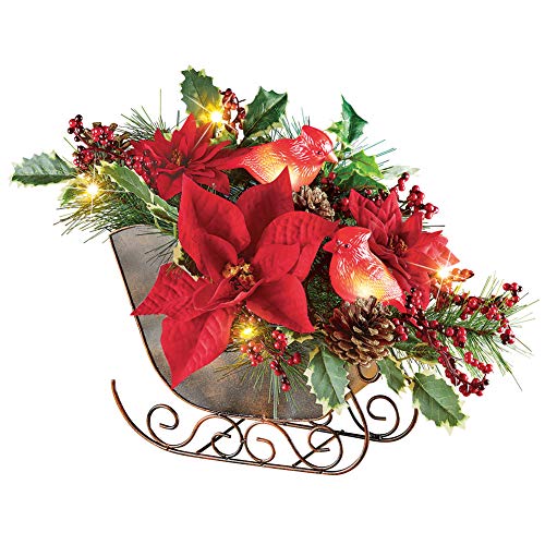 Lighted Sleigh Elegant Christmas Centerpiece Decoration with Cardinals, Poinsettias, Pinecones & Holly