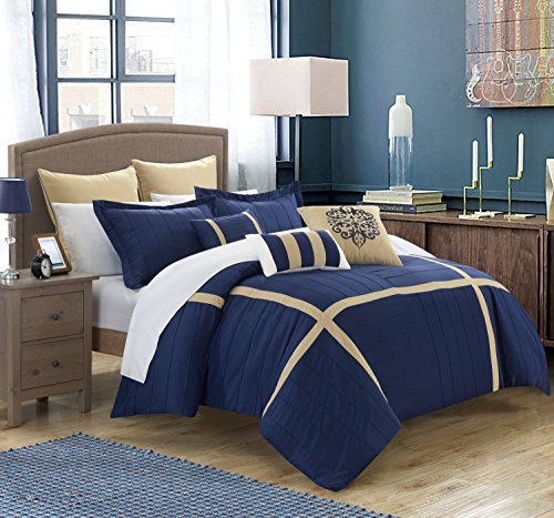 Chic Home 12 Piece Vera Pleated Patchwork Color Blocks Oversized & Overfilled Comforter set. Queen, Navy with 4 Piece White Sheet Set