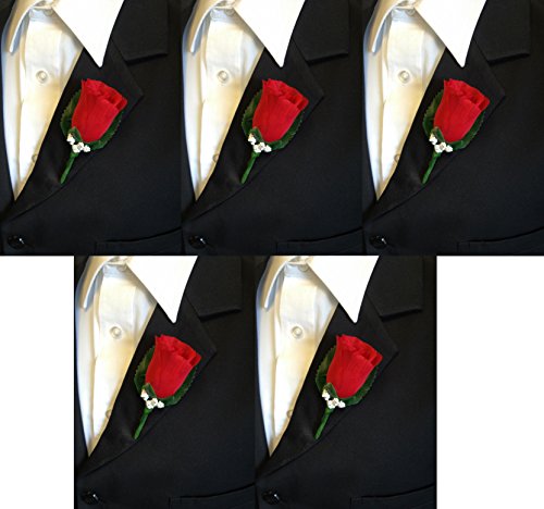 Set of 5 Holiday Red Rose Boutonniere with Pin for Prom, Party, Wedding