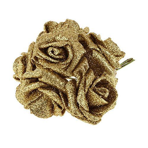 Dds5391 New 12Pcs Artificial Foam Roses Flower Heads Glitter Powder Bouquet Wedding Decor - Gold