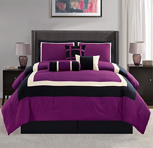 7 Pc Modern Hampton Comforter Set BLACK / PURPLE BED in a BAG - Full Size Bedding