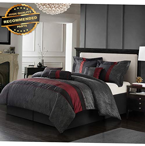 Gatton Premium New King Size Bedding Comforter Set 7-Piece Bedroom Shams Pillows Bedskirt Black Red | Style Collection Comforter-311012540