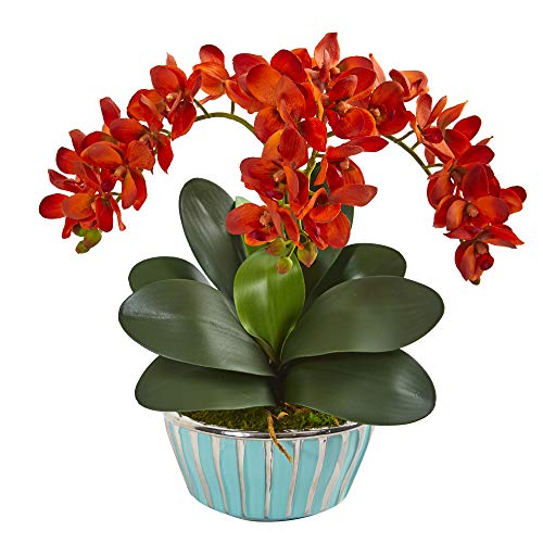 Nearly Natural 1931-OG Phalaenopsis Orchid Artificial Designer Turquoise Vase Silk Arrangements Orange