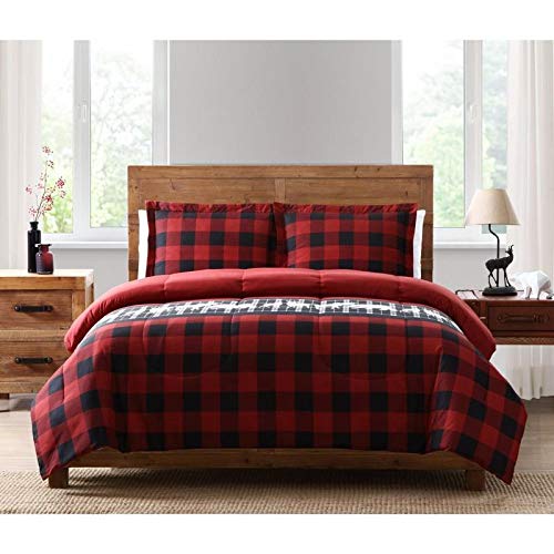 3 Piece Whimsical Buffalo Cabin Plaid Comforter Set Traditional Lodge Style Burgundy Red Black Checkered King Bedding Set Beautiful Bear Moose Deer Printed Striped Country Side Adventurers Bedding Set
