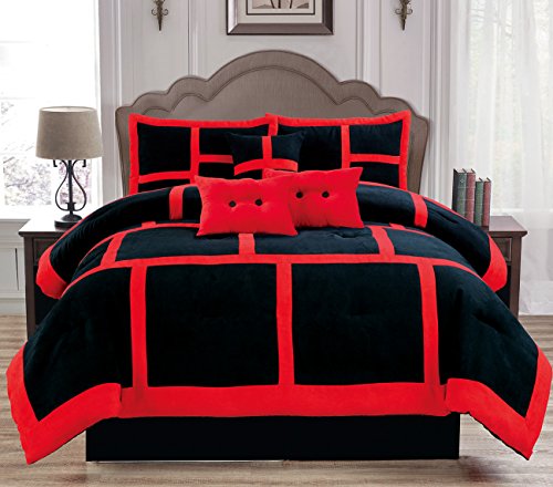 Empire Home luxurious 7 Piece Micro Suede Soft Comforter Set - Bed in a Bag (Queen Size, Red & Black)