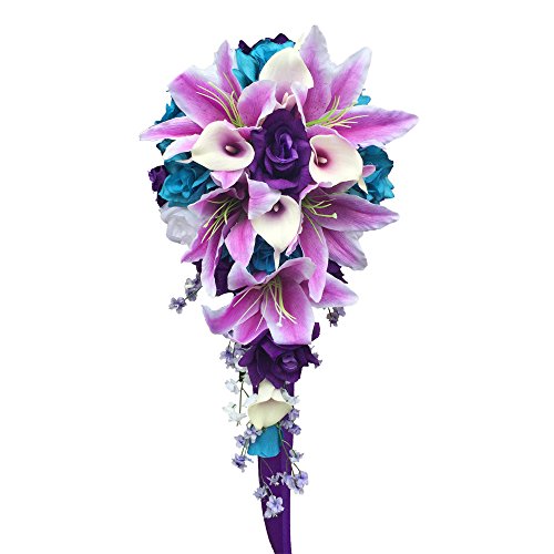 Cascade Wedding Bouquet - Turquoise Purple and Lavender Roses with White Calla Lilies