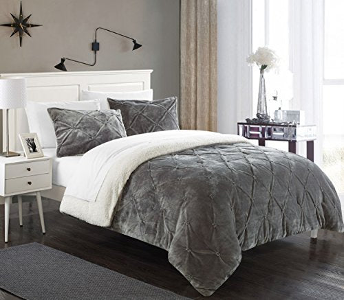Chic Home 7 Piece Josepha Pinch Pleated Ruffled and Pintuck Sherpa Lined Queen Bed In a Bag Comforter Set Grey With White Sheets included