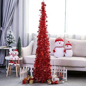 Yugust Artificial Christmas Tree Metal Stand, Red Tinsel Coastal Glittery Christmas Tree, 4Ft Collapsible Pop Up Tinsel Xmas Trees with Plump Sequin Holiday Decorations - Easy to Assemble
