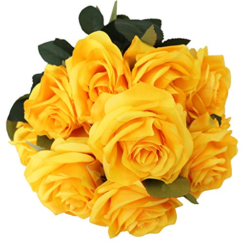 JAROWN 10 Heads Silk Rose Artificial Flowers Bouquet Leaves Arrangement for Wedding Home Decor Party Accessory Flores (Yellow)
