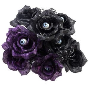 6 Stem Black and Purple Rose Bushes with Spiders and Eyeballs 14in (2) (Purple & Black)