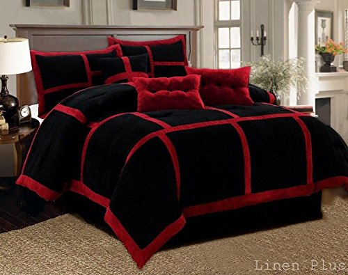 NEW 7 Piece Red Black Micro Suede Patchwork Comforter Set Queen Size At Linen PLus