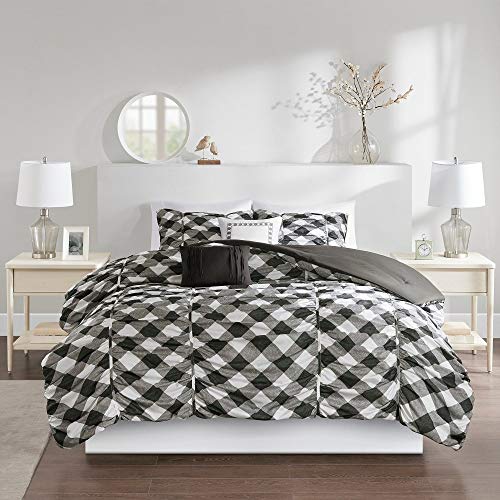 5 Pc Farmhouse Country Style Grey Comforter, All Seasons Geometric Stripe Pattern Gingham Print Bedding Sets Queen, Charming Cottage Look Stylish Eye-Catching Contrast Hypoallergenic Warm Soft Bedding