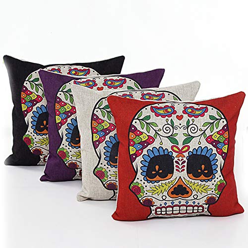 L&J.ART 4 PCS 18'' Retro Colorful Floral Mexican Day of the Dead Sugar Skull Linen Pillow Cushion Covers 4NS6