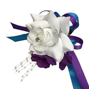 Wrist Corsage - White Rose with Purple Turquoise Ribbon