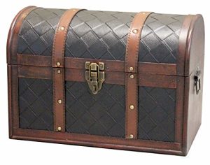 Vintiquewise Wooden Leather Round Top Treasure Chest, Decorative storage Trunk with Lockable Latch, Brown