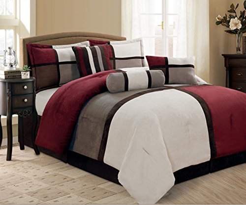 7 Piece Maxam Burgundy Grey Brown Beige Bed in a Bag Micro Suede QUEEN Comforter Set