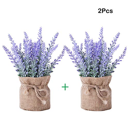 YAPASPT 2 Piece Burlap Potted Lavender Flowers - Artificial Fake Flower and Plant Flocked Charming Purple for Warm and Loving Home or Venue Decor