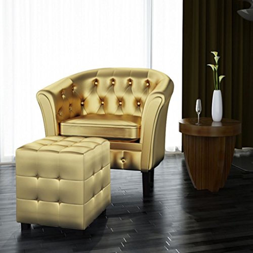 Festnight Cube Armchair Leather Single Sofa Chair with Ottoman Footrest Gold Armrest Tub Barrel Club Seat Chair Upholstery Living Room Home Office Reception Furniture