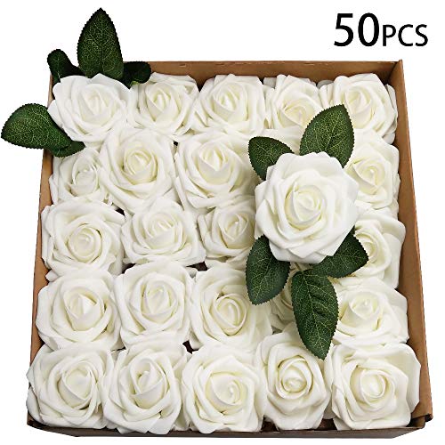 KooNicee White Wedding Decorations - Fake Rose Artificial Flowers Bulk for Bridal Bridesmaid Bouquet Centerpieces Arrangements Party Birthday Gift Home Hotel Graden Romance DIY Decor (50 pcs)