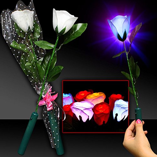 Colorful LED Light Up 14 White Long Stem Roses Bouquet Artificial Flowers - 12 Pack