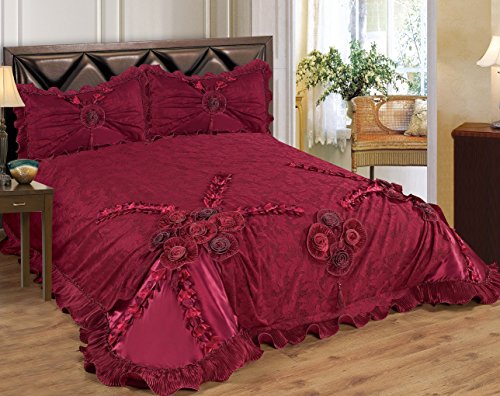 3 Piece Real 3D Comforter Set Bedspread Flower Ruffle Oversized Queen / King (Queen Size, Fionna burgundy)