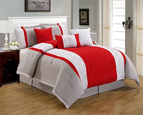 7 Pieces Luxury Red, Grey and White Quilted Linen Comforter Set / Bed-in-a-bag Full Size Bedding