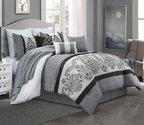KingLinen 11 Piece Nydia Gray/Ivory/Black Bed in a Bag Set Queen
