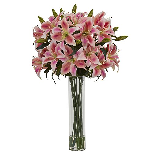 Nearly Natural 1616-PK Rubrum Lily Arrangement in Cylinder Vase Artificial Plant, Pink