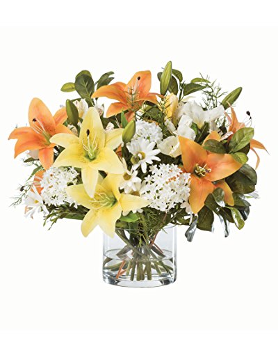 Lily & Snowball Hydrangea Silk Arrangement - Yellow/Orange
