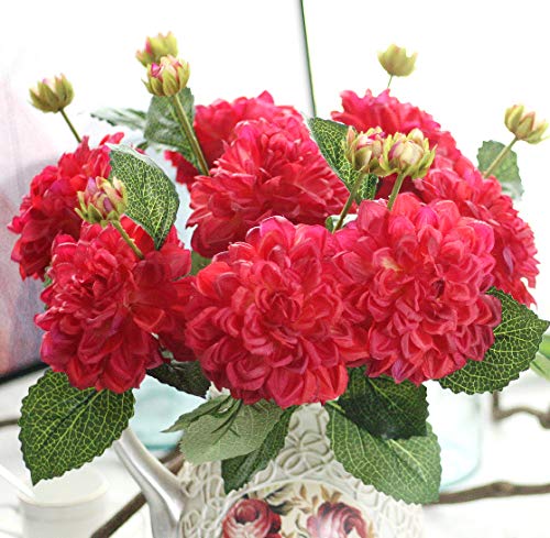 Furnily Silk Artificial Flowers 18.5 Long of Dahlias Faux Flowers for Party Garden Home Decoration 5 Pcs(Red)