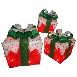 National Tree Set of 3 Red Sisal Gift Boxes with Bow and 50 Clear Lights (MZGB-ASST-35L)
