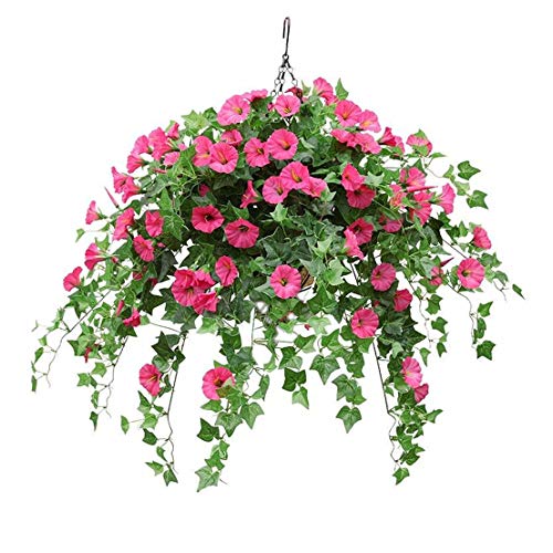 Mynse Silk Flower Rose Red Artificial Morning Glory Hanging Plant Ivy Green Leaves with Hanging Basket Wedding Garden Balcony Decoration (Big Basket)
