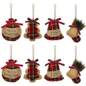 YOSICHY Rustic Christmas Tree Ornaments Stocking Decorations Burlap Country Christmas Stocking Ball Tree Bell with Trendy Red and Green Plaid Tartan for Holiday Party Decor-8PCS