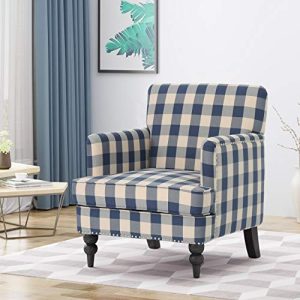 Christopher Knight Home 305560 Evete Tufted Fabric Club Chair, Blue Checkerboard, Dark Brown