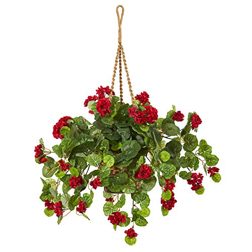 Nearly Natural 8424 27-in. Geranium Artificial Hanging Basket Silk Plants Red