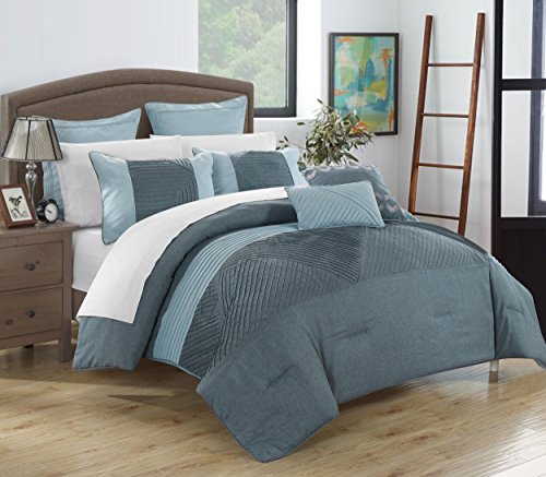 Chic Home 11 Piece Marbella NEW LINEN FABRIC COLLECTION OVERSIZED AND OVERFILLED embroidered GEOMETRIC pleated ruffled color block Queen Bed In a Bag Comforter Set Blue With White Sheets included