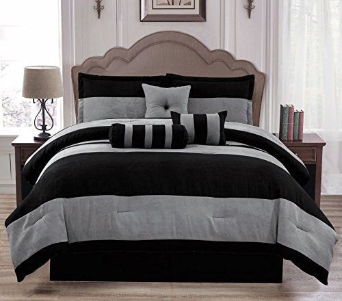 Empire Home Black Wave Van Dam 7 Piece Solid Suede Soft Comforter Set (Queen Size)