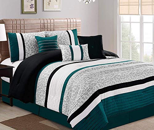 HGMart 7 Piece Oversize Stripe Ultrafine Fiber Comforter Set Bed in a Bag, Teal, King