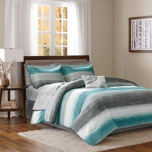 Aqua Blue & Grey Watercolor Cottage Beach House Coastal Cal King Comforter (9 Piece Bed in A Bag)