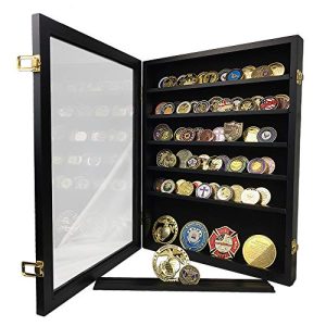 XJmil Challenge Coin Display Case Holder Military Coin Stand Rack Glass Door Black Finish