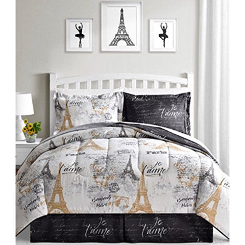 BonJour Paris, Eiffel Tower, Black, White & Gold Reversible Twin Comforter Set (6 Piece Bed in A Bag) + Homemade Wax MELT