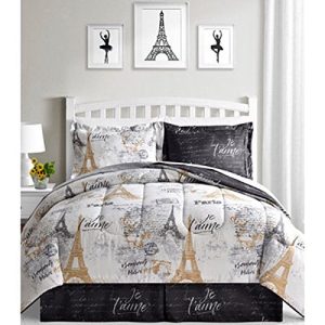 Paris, Eiffel Tower, Black & White Reversible Queen Comforter Set (8 Piece Bed In A Bag) + HOMEMADE WAX MELT