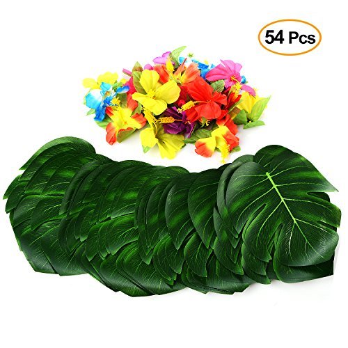 PovKeever Tropical Palm Leaves and Hibiscus Flowers 54 Pieces 8, Simulation Imitation Leaf for Table Party Hawaiian Luau Party Jungle Beach Theme Party Decorations