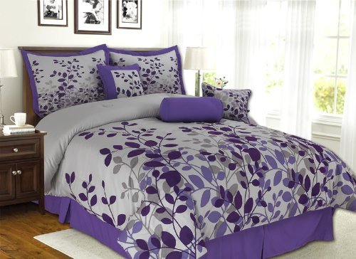 7 Pieces Purple, Grey Fresca Vine Comforter (86x86) Bed-in-a-bag Set Full (Double) Size Bedding