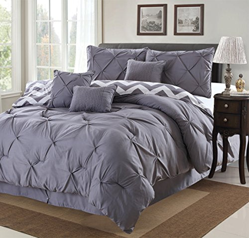 7 Piece Modern Pinch Pleated Comforter Set (Queen, Grey)