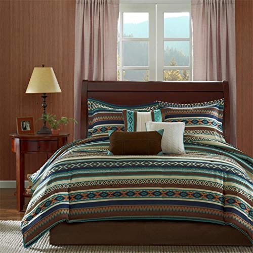 Southwest Turquoise Native American King Comforter, Shams, Toss Pillows & Bed Skirt (7 Piece Bed In A Bag)